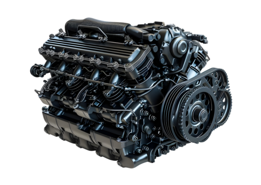 High-performance automotive engine with dual exhausts and complex mechanical system Isolated on a transparent background