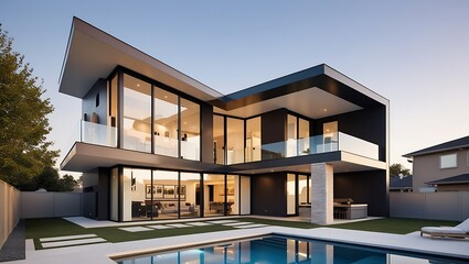 Fototapeta premium Sleek and Modern House Model Design for Premium Real Estate Ventures | A Cutting-Edge Concept Combining Minimalist Aesthetics, Smart Technology, and Sustainable Living