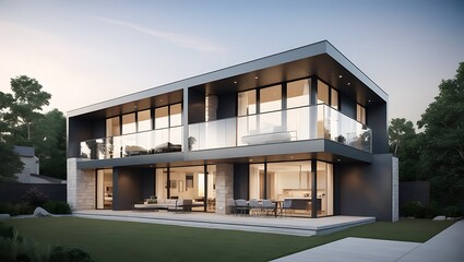 Fototapeta premium Sleek and Modern House Model Design for Premium Real Estate Ventures | A Cutting-Edge Concept Combining Minimalist Aesthetics, Smart Technology, and Sustainable Living