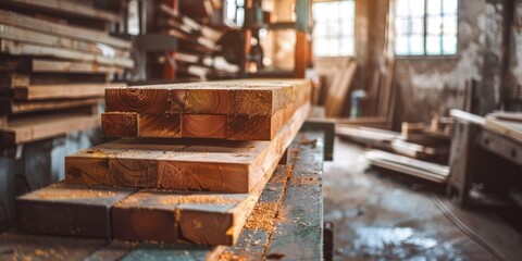 Stacked timber boards in a woodworker's shop featuring specialized tools - High-quality image