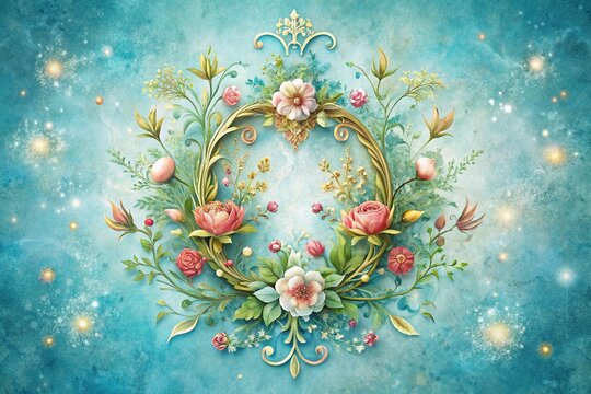 A delicate, ornate illustration of the Virgo zodiac symbol, adorned with intricate flowers and vines, set against a soft, celestial blue background with subtle texture.