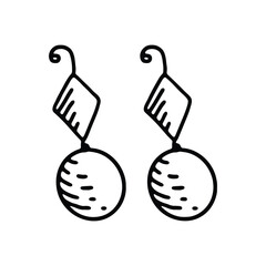 A black and white hand-drawn illustration of a pair of dangling earrings with circular and square elements