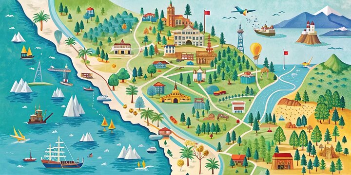 A detailed illustrated map of Northern California showcasing major cities, roads, and landmarks in vibrant colors, highlighting the region's geography and urban landscapes.