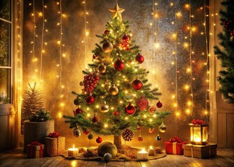A dimly lit Christmas tree, its branches aglow with twinkling lights, casts a warm, inviting glow against a mesmerizing backdrop of ornaments and decorations.