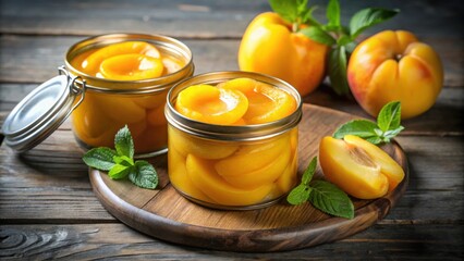 Canned yellow peaches in sweet syrup, perfect for desserts and snacks, peaches, canned fruit, canned peaches