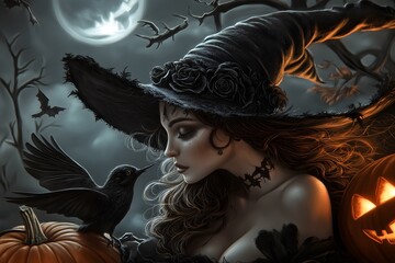 A nostalgic, hand-painted illustration featuring a whimsical witch with a pumpkin lantern and a bird.