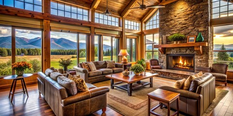 Naklejka premium Creamy walls, rich hardwood floors, and antique furnishings create a warm atmosphere, while a crackling fireplace and