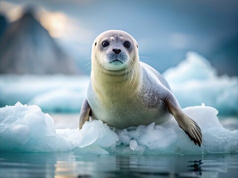 Adorable nerpa seal poses on ice floe, whiskers twitching, fur glistening with dew, against a serene backdrop of misty Arctic landscape and distant glaciers.