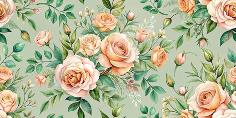 Watercolor Floral Pattern Delicate Peach Roses on a Green Background, Seamless Design, Botanical Illustration, Flowers, Nature, Pattern, Watercolor