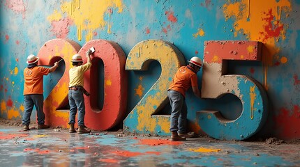Workers painting vibrant numbers for the year 2025
