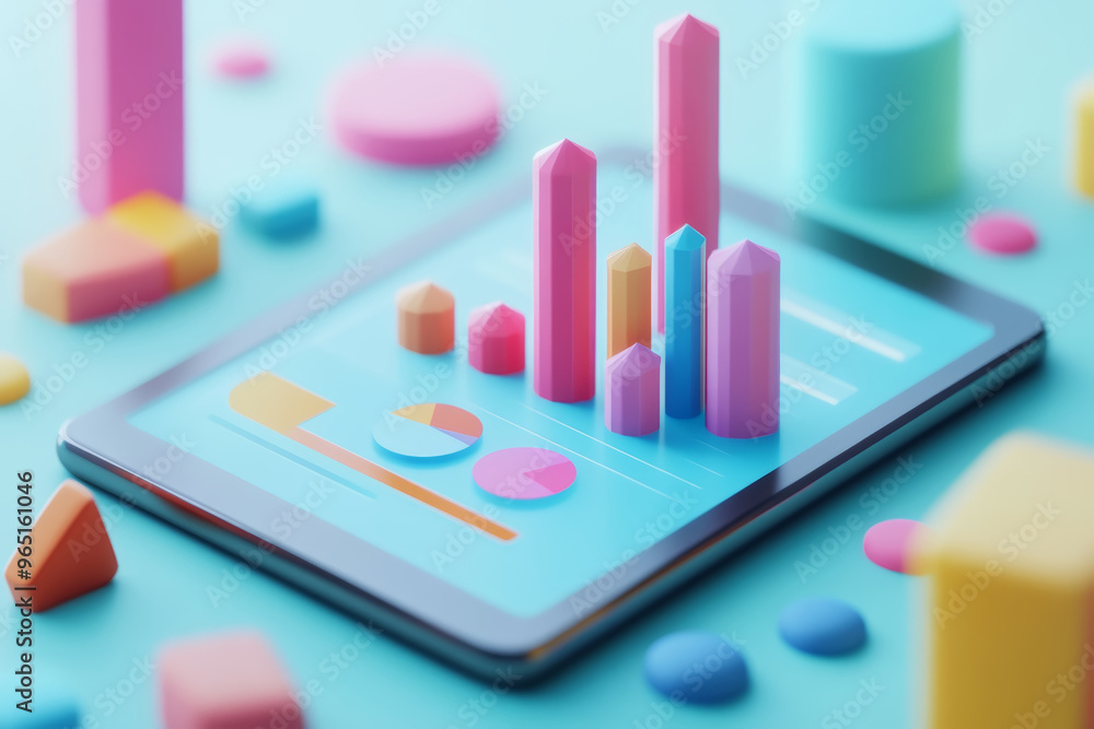 Poster a tablet displays vibrant data visualization with rising bars and pie charts, while colorful geometr