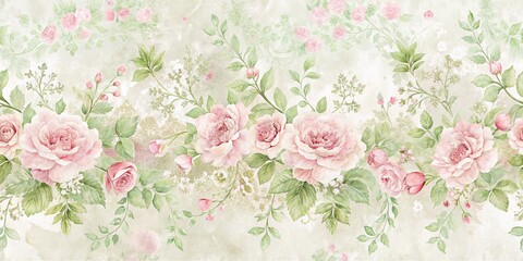 Watercolor Floral Pattern with Pink Roses and Green Leaves on a Beige Background, floral pattern, watercolor art, botanical art