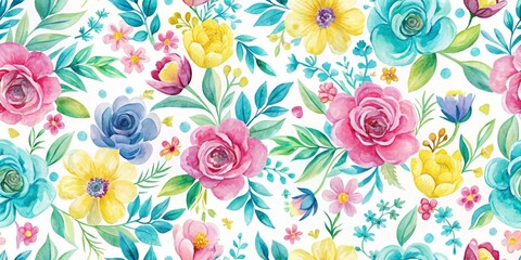 Watercolor Floral Pattern with Pink, Blue and Yellow Flowers, Seamless Design, Watercolor Illustration, Floral Background, Flowers, Pattern