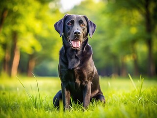 A friendly black labrador retriever dog with floppy ears and wagging tail sits on a sunny green meadow, showcasing its playful and curious nature.