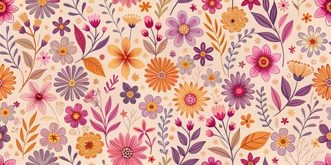 Watercolor Floral Pattern, Digital Illustration, Beige Background, Flowers, Pattern, Floral