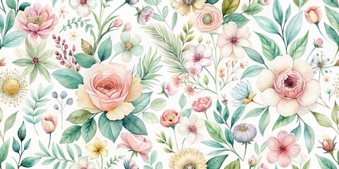 Fototapeta premium Watercolor Floral Seamless Pattern with Delicate Blooms and Lush Greenery, Floral Pattern, Watercolor Flowers, Seamless Pattern,