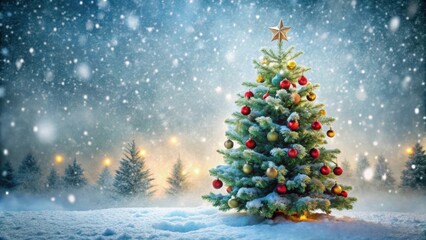 Cozy winter scene with a decorated Christmas tree surrounded by falling snowflakes, Winter, Christmas, Tree, Snowflakes
