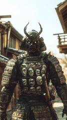 A samurai wearing menacing armor made from oni material, with a helmet, walking through an Edo period town during bright daylight