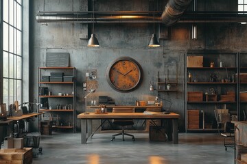 Modern industrial office with wooden desk and shelves.
