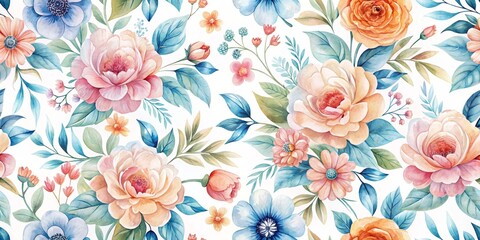 Watercolor Floral Seamless Pattern, featuring a vibrant and colorful composition of roses, blue flowers, and lush foliage, creating a delicate and romantic atmosphere