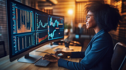 Female Financial Analyst with afro hair checking computer screens with charts
