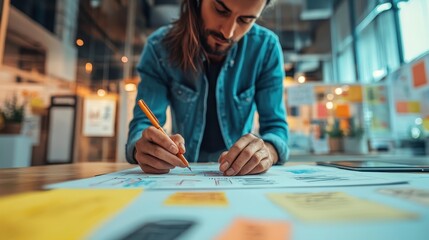 Entrepreneur sketching business ideas on a notepad during a brainstorming session