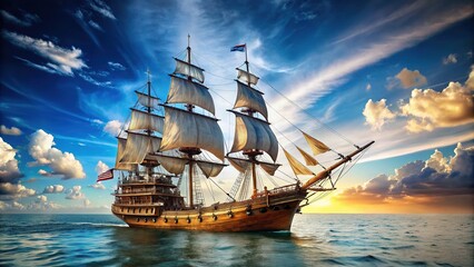 Fototapeta premium A majestic, intricately detailed sailing vessel with billowing sails, cannons, and a Jolly Roger flag, set against a clear blue sky on a calm ocean.