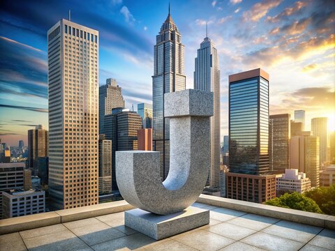 A majestic, granite-sculpted letter J rises from a pedestal, set against a backdrop of gleaming skyscrapers and city streets, symbolizing urban power and finance.