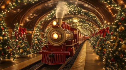Fototapeta premium A Festive Train Journey Through a Christmas Tunnel 