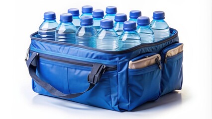 Blue cooler bag with bottles of water isolated, coolers, bags, water bottles, blue, isolated, refreshment, picnic, travel