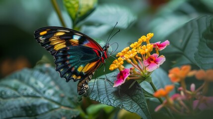 Obraz premium Brightly colored butterfly resting on a vibrant flower in a close-up wallpaper image, showcasing detailed patterns and rich colors for nature-themed decor and backgrounds