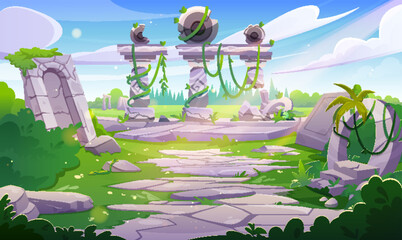 Ancient palace or temple ruins in jungle. Cartoon vector destroyed old building architecture with broken columns, walls arch doors with green vines and plant leaves. Antique civilization heritage rock