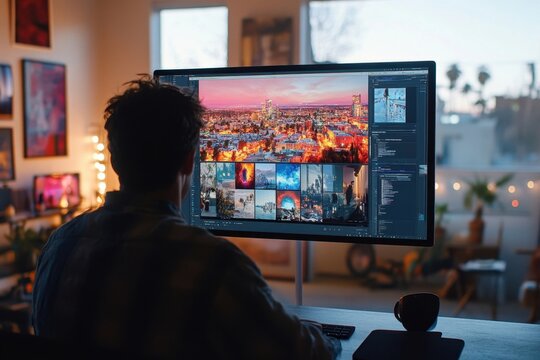 Man Editing Photos on Computer at Desk