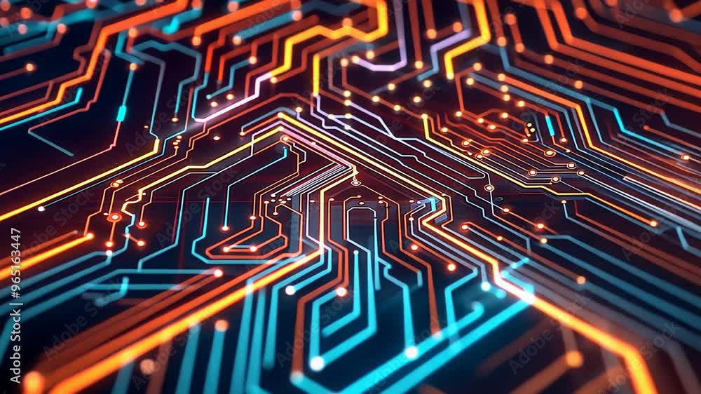 Poster vibrant close-up of futuristic circuit board with glowing lines and nodes