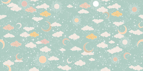 Seamless celestial pattern with sun, moon, stars and clouds. Cute background for a card in pastel colors, ornament for paper, fabric, wallpaper. Vector illustration.