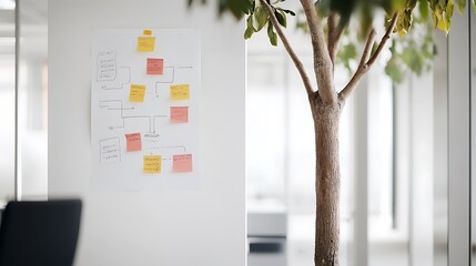 Business plan flowchart on a whiteboard in a conference room, collaborative planning session