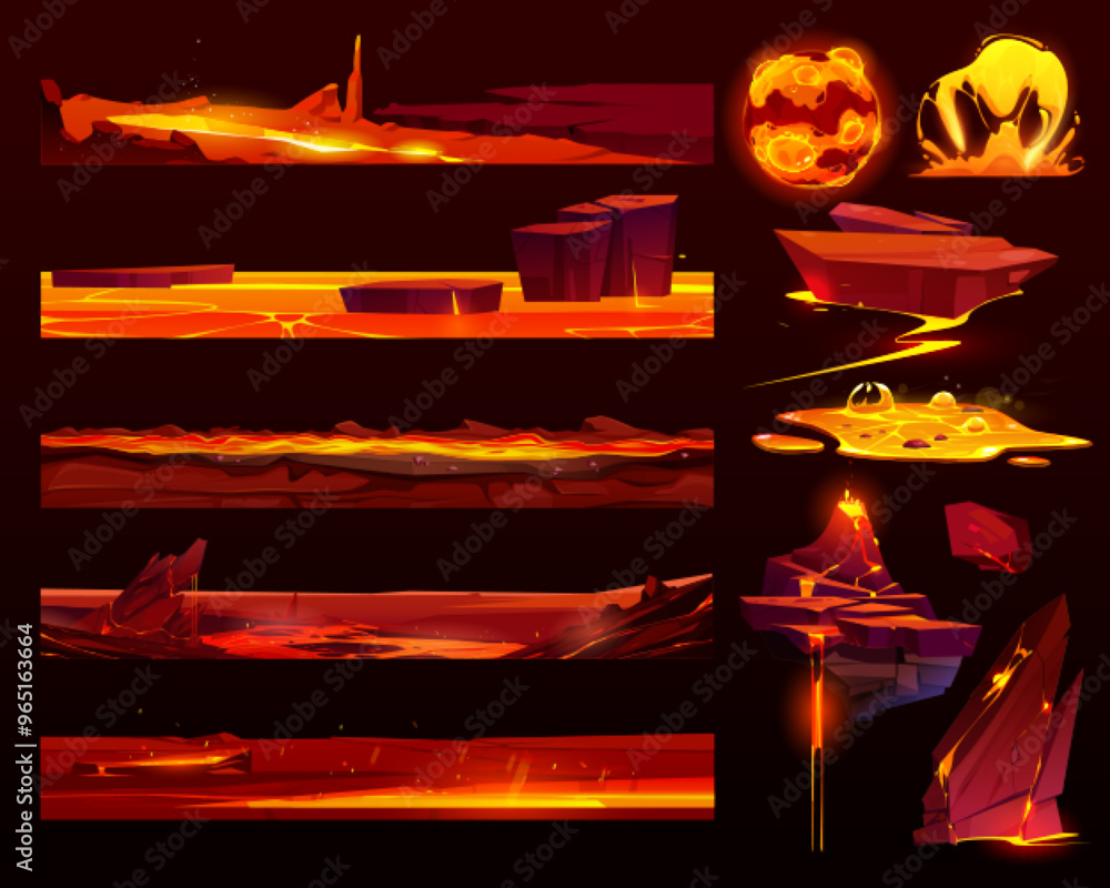 Poster fire and lava game effect. magma and rock cartoon ui 2d set. magic molten flow and liquid splash vfx