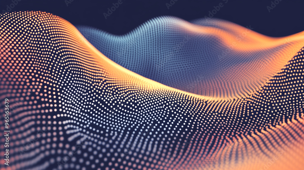 Poster abstract digital landscape featuring wavy patterns and glowing particles in a dark setting