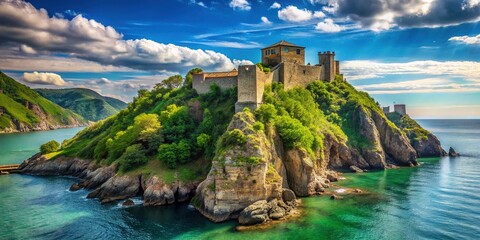 An ancient stone stronghold sits atop a windy hill, commanding a serene view of the Black Sea's calm waters and lush, verdant landscape.