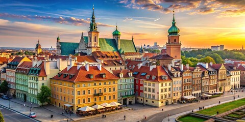 Obraz premium Ancient city walls and Gothic spires of St. John's Archcathedral converge with World War II ruins, modern monuments, and vibrant city life in Warsaw's eclectic urban landscape.