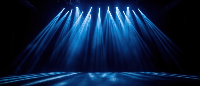 A dramatic blue stage lighting setup casting beams across a dark background, ideal for events or theatrical performances.