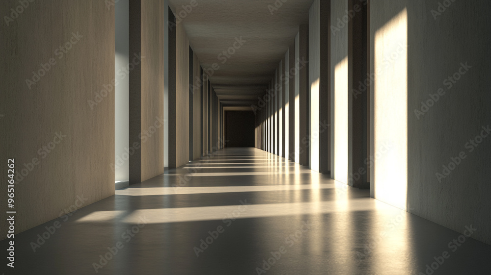 Poster a long corridor featuring sunlight streaming through columns on a glossy floor
