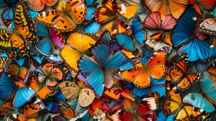 Vibrant swarm of colorful butterflies in flight against a soft pastel background, featuring brightly winged insects in various shades of blue, orange, yellow, and pink, creating a beautiful and whimsi