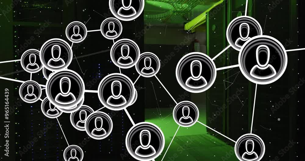 Poster animation of connections with people icons with data processing over computer servers