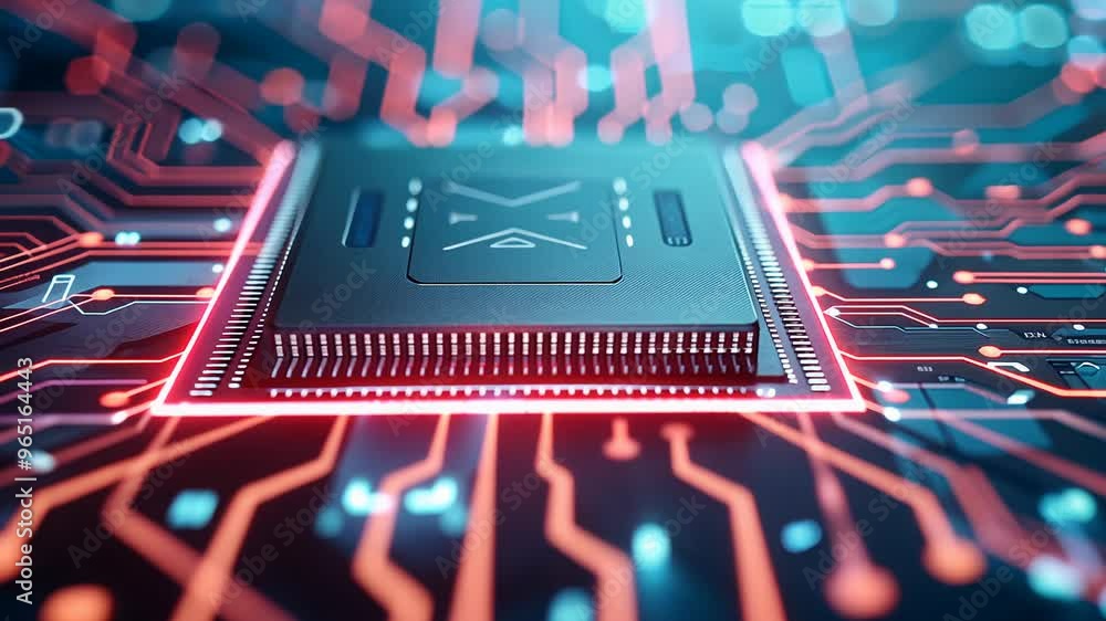Poster close-up view of a circuit board with intricate patterns, vibrant lights, and a central chip