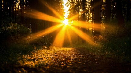 Fototapeta premium A serene forest path bathed in golden sunlight, creating a tranquil and inviting atmosphere for nature lovers.