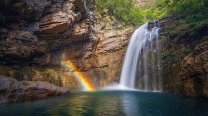 Stunning Waterfall with Rainbow in Canyon