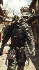 Fototapeta premium A samurai wearing menacing armor made from oni material, with a helmet, walking through an Edo period town during bright daylight