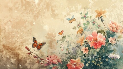 Watercolor painting of delicate flowers and butterflies on vintage wallpaper, featuring soft pastel tones and intricate floral patterns, perfect for nature-inspired backgrounds, interior design, and d