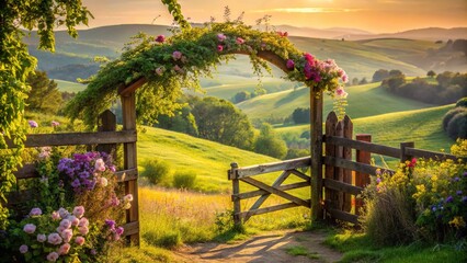 Fototapeta premium A rustic wooden gate, entwined with vines and wildflowers, yields to an idyllic view of rolling hills bathed in the warm, soft light of a serene afternoon.